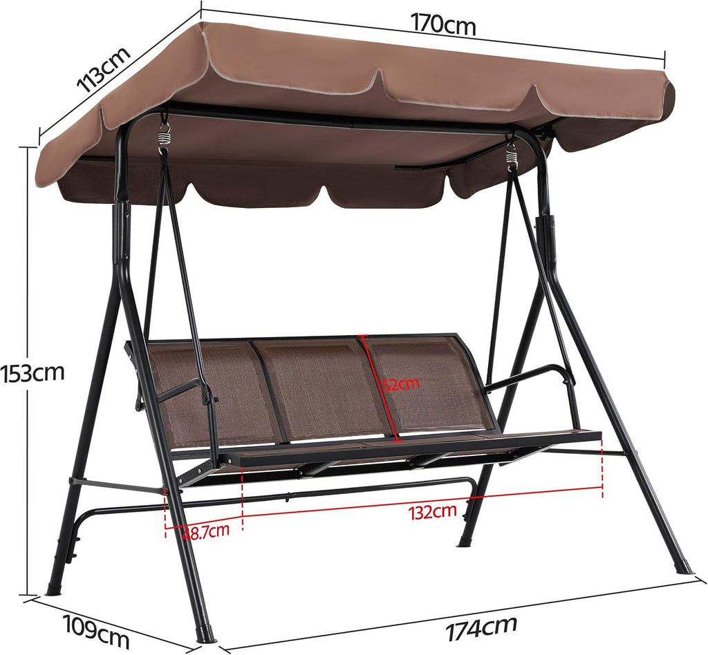Swing Chair 3-Seat Outdoor Patio Sunset Hanging Swing w/Texteline Fabric &amp; Adjustable Canopy &amp; Armrests