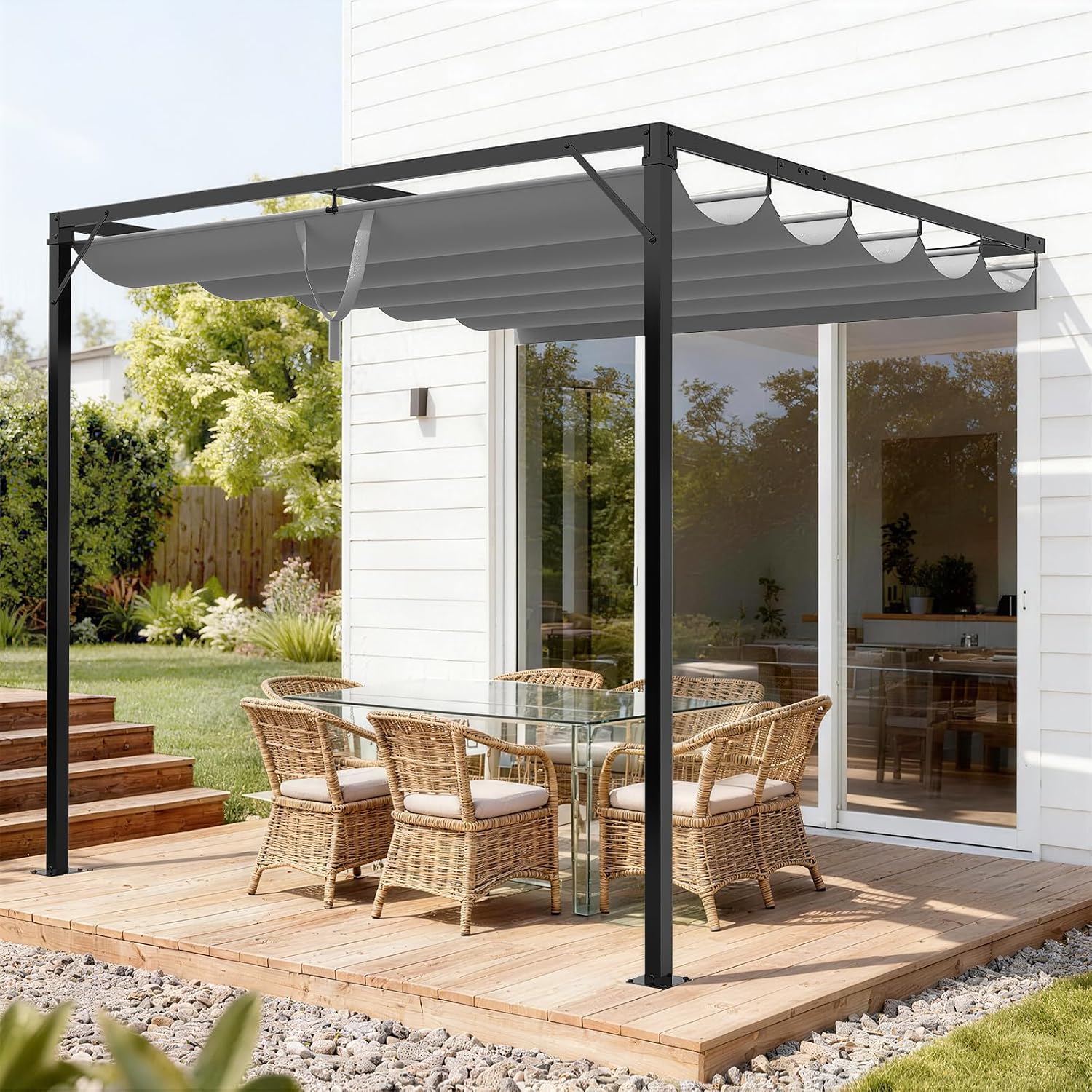 Gazebo, Metal Pergola With Retractable Roof,Outdoor Parasol Features Water