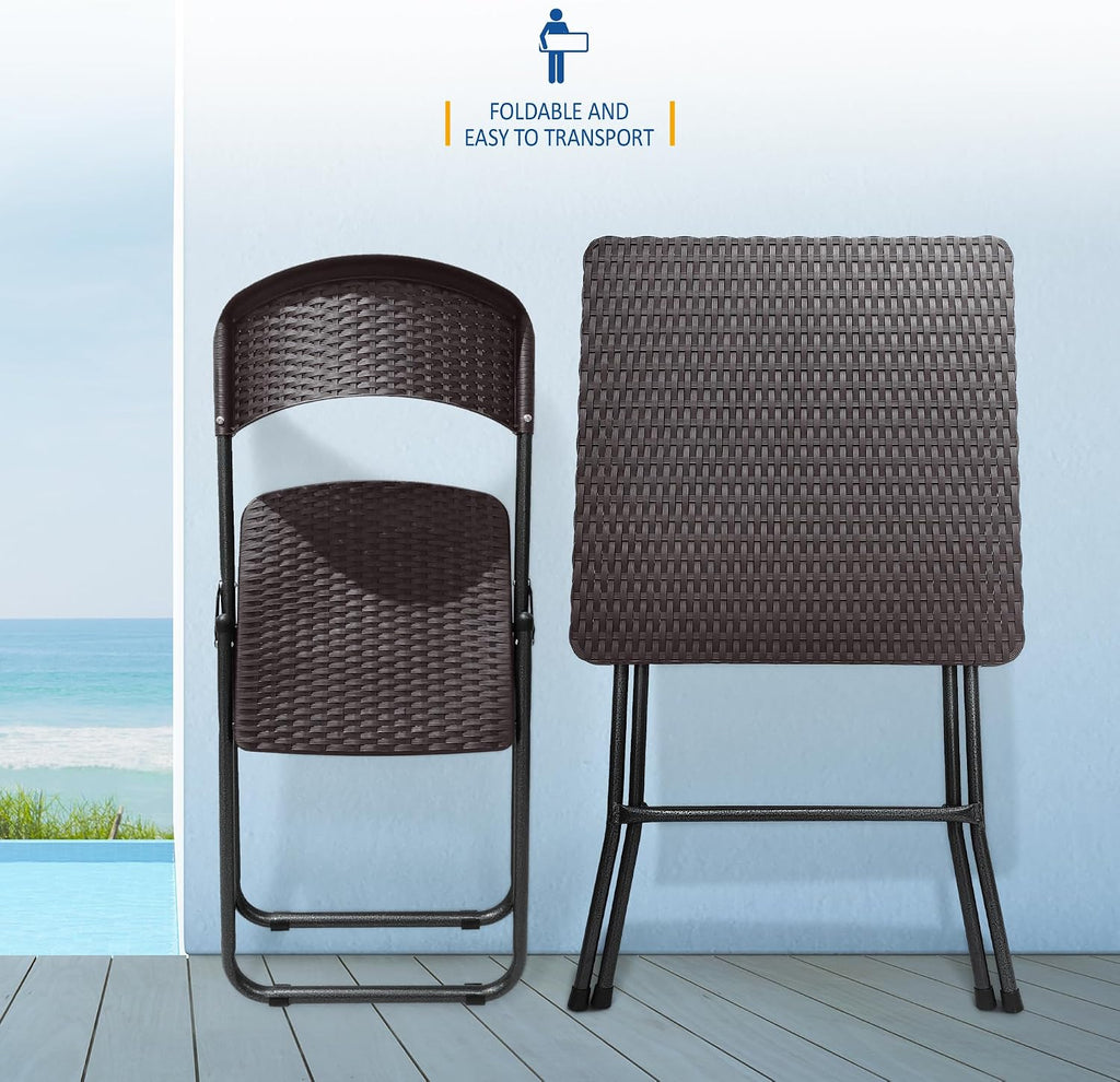 Patio Bistro Garden Furniture Set - 3 Piece Rattan Effect Folding Table and Chairs - Heavy Duty Capacity