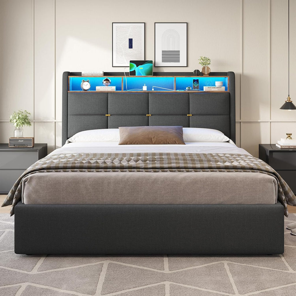 King Size Bed Frame with Hydraulic Storage,Charging Station and Led Lights King Upholstered Ottoman Bed with Headboard,5ft Lift Up Platform Storage Beds,Wood Slats,Grey-150x200cm-No Mattress