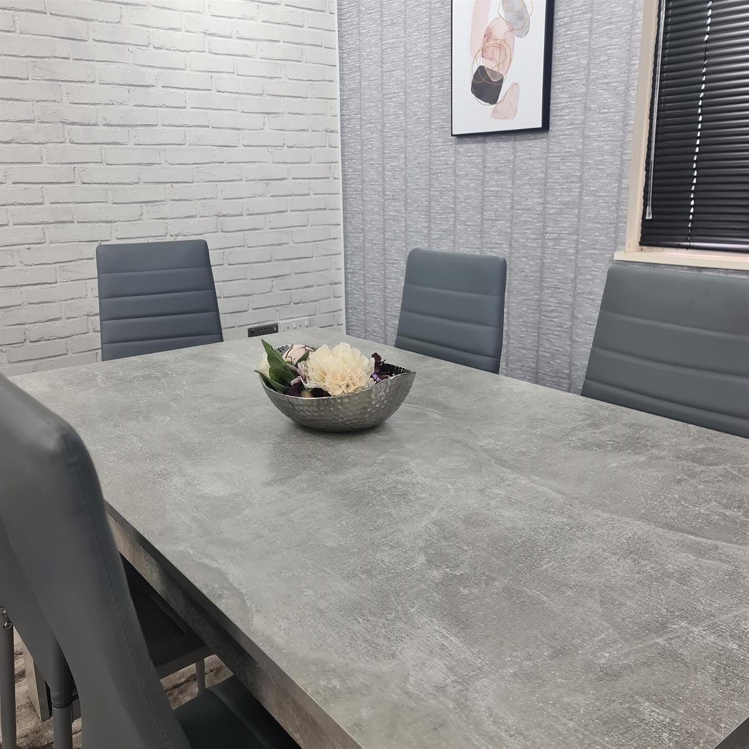 Dining Table and Chairs Set - Light Grey Kitchen Table with 6 Grey Faux Leather Dining Chairs - Modern 6 Seater Kitchen Room Furniture Set with Sturdy Legs - 117 x 77 x 75 cm