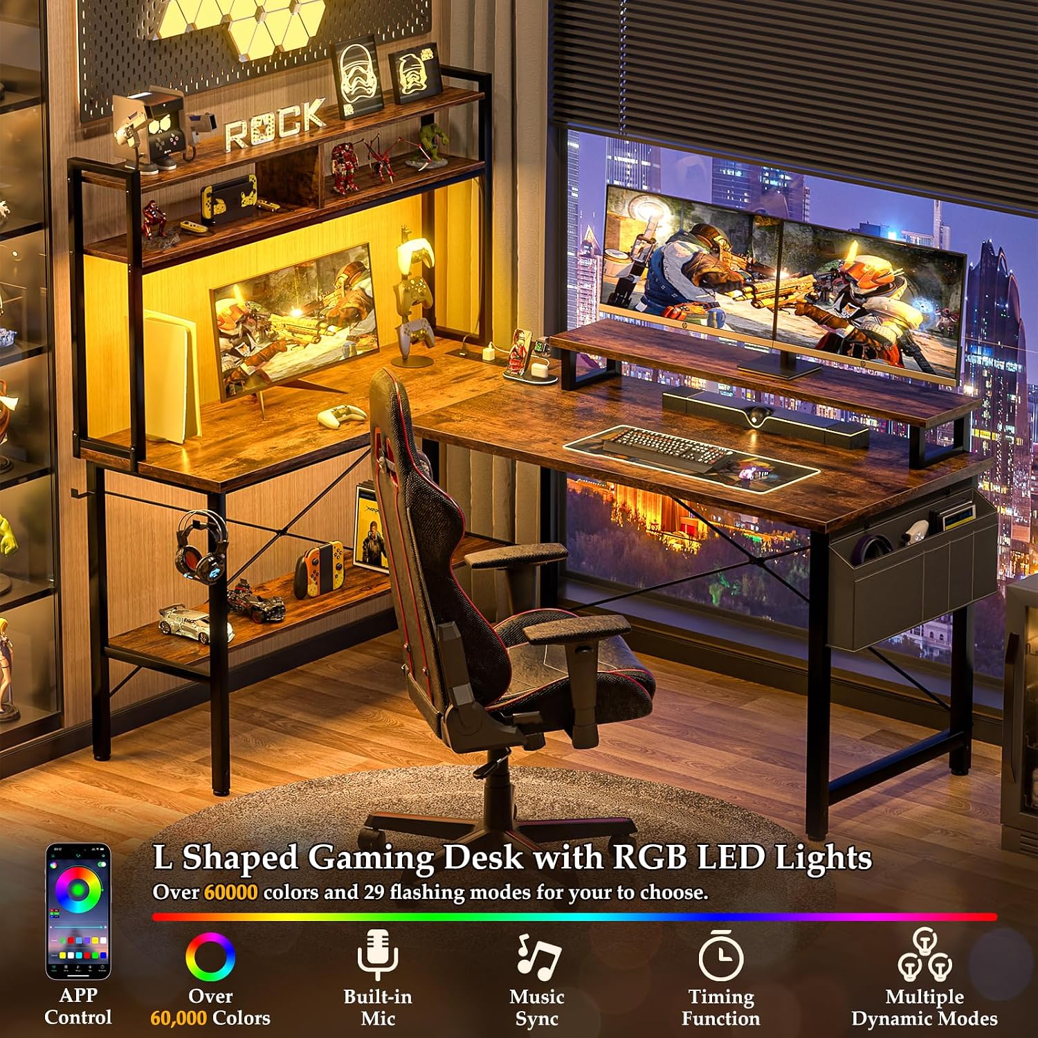 Gaming Desk with Power Outlets &amp; LED Lights