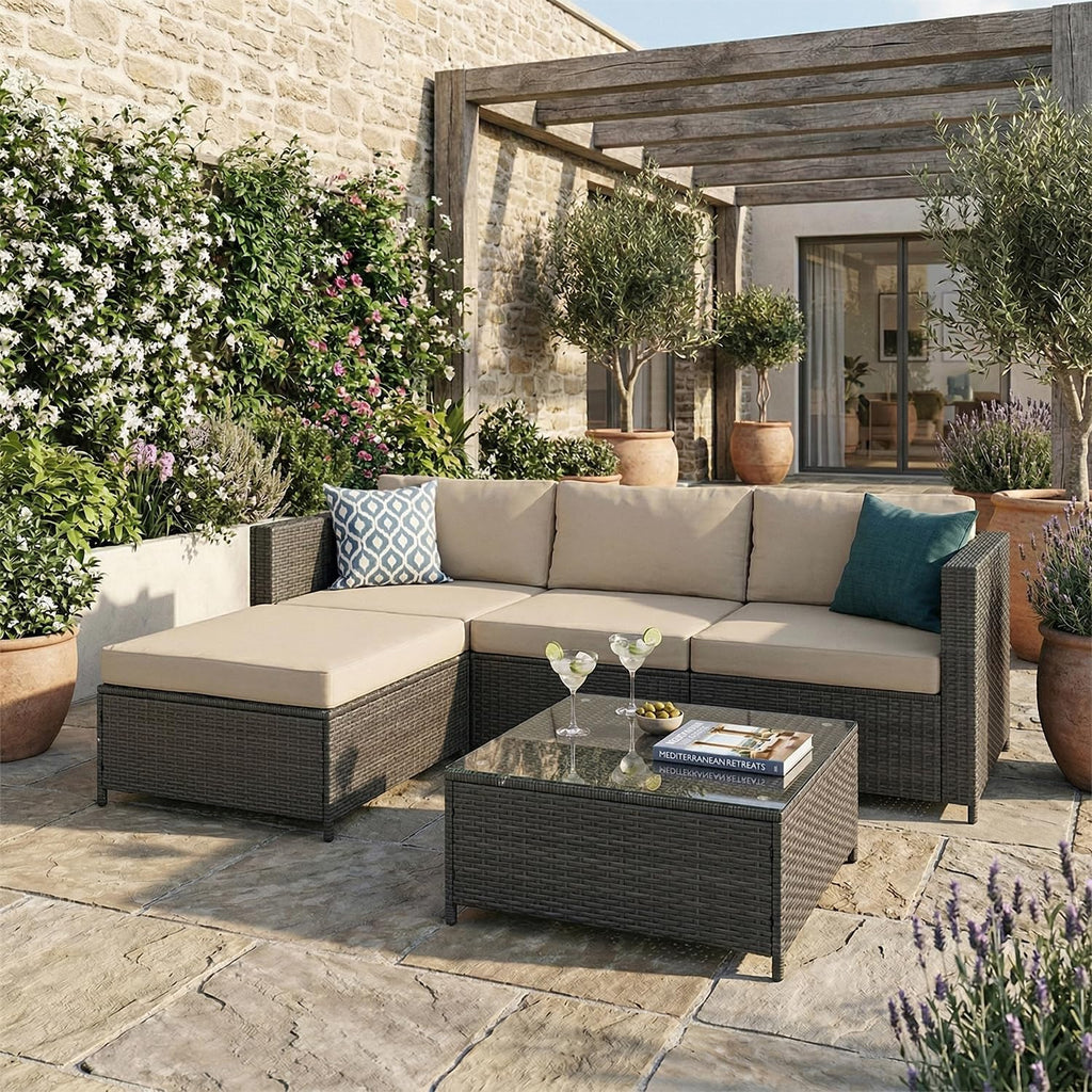 Garden Furniture Rattan Corner Sofa Set with Glass Coffee Table Ottoman for Patio Outdoor Lounge All-weather SFS066 (Mix Dark Natrual Brown+Brown Cushion)