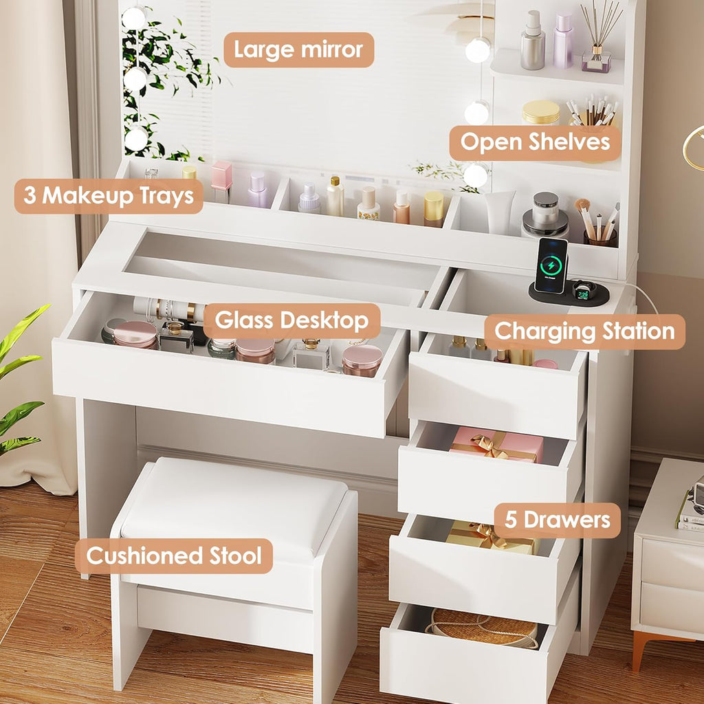 Dressing Table with Large Mirror and Lights 3-Colour LED Adjustable Brightness Glass Top Vanity Table with Plug and Stool 5 Drawers 5 Open Storage Areas Makeup Desk Bedroom White YBDT74W