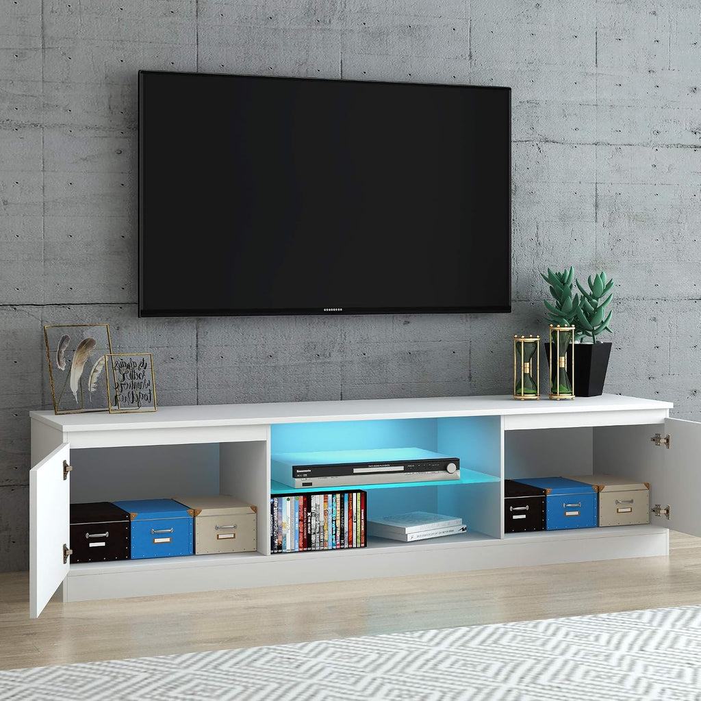 Modern TV Unit Cabinet Stand LED Cupboard 160CM Matt Body and High Gloss Front (White) (White)
