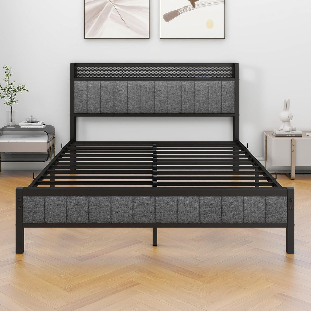 King Size Bed Frame with Storage and Headboard Shelf