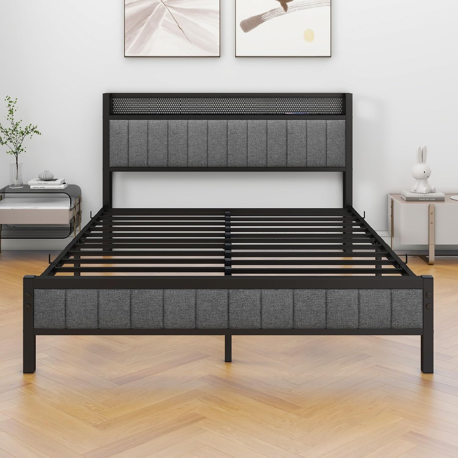King Size Bed Frame with Storage and Headboard Shelf