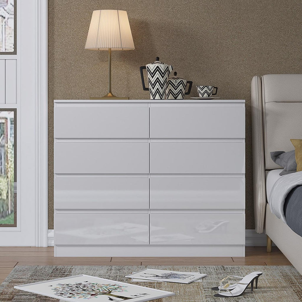 White Gloss XL 8 Drawer Chest. Modern Bedroom Furniture Chest of Drawers.Matt White with White Gloss Drawer Fronts - W110 x H99 x D40cm