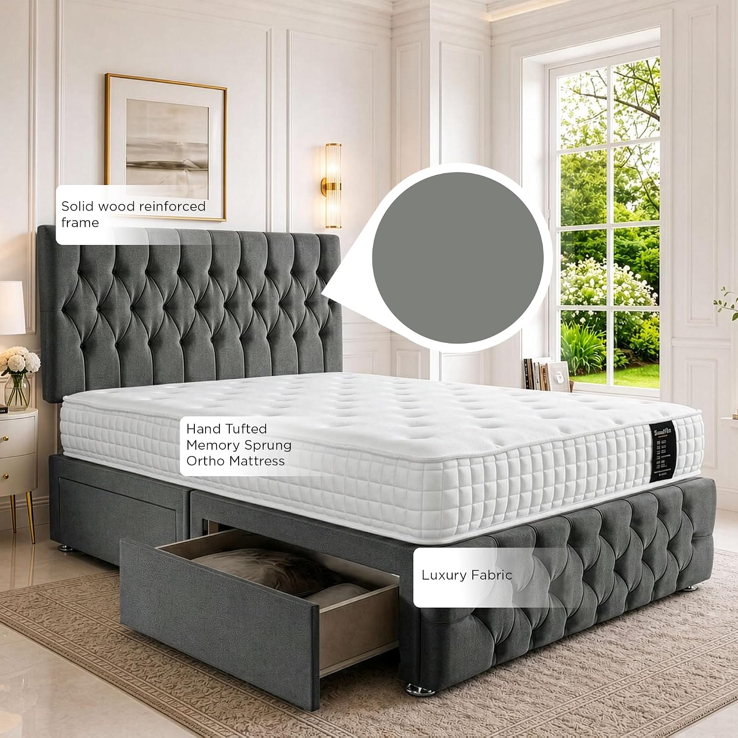 Double Bed 4FT6 with Headboard &amp; Footboard - Dmask Grey Plush Finish - Includes Pocket Sprung Multi-Zone Mattress &amp; 2 Drawers - Sturdy Divan Design for Compact Bedrooms