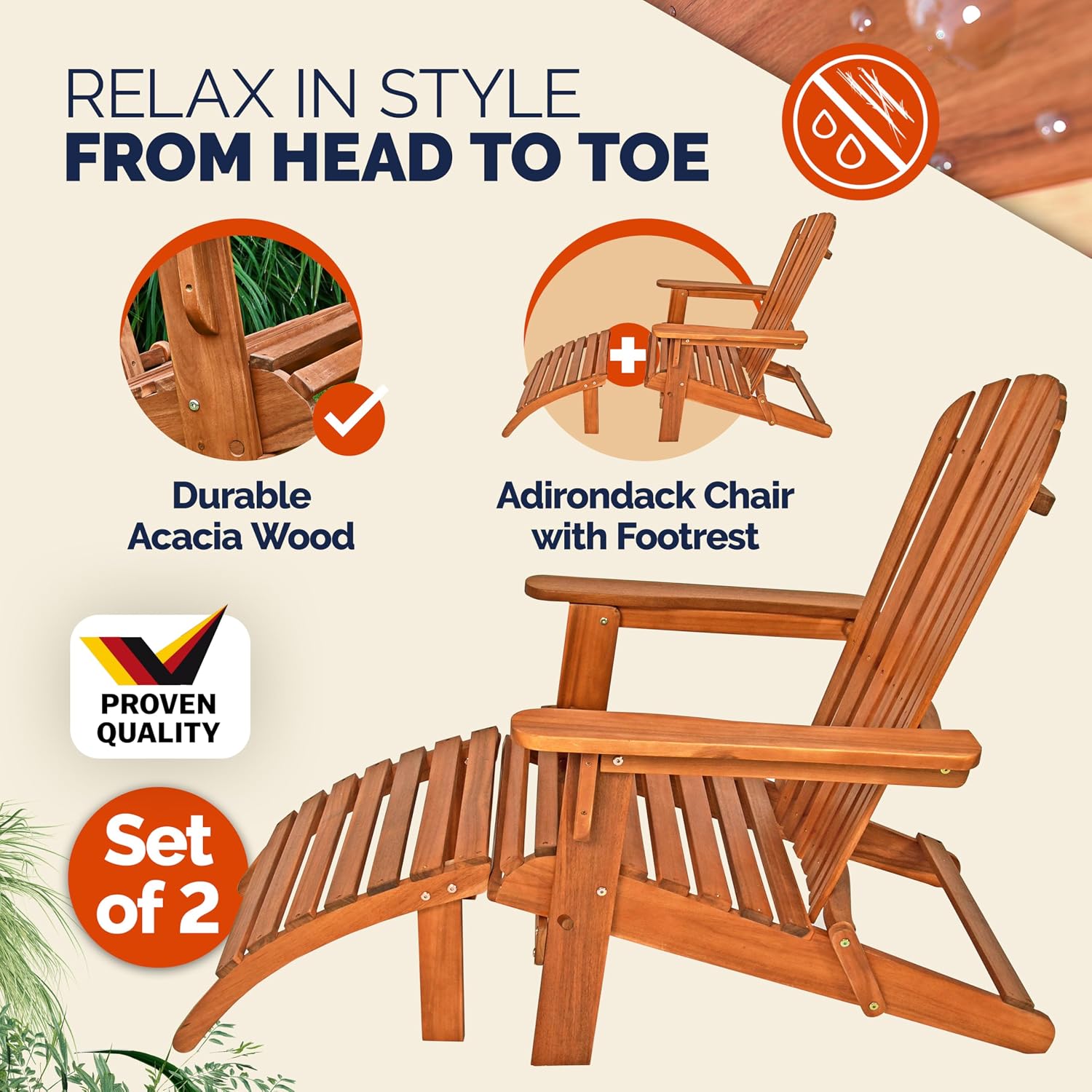 2x Adirondack Wooden Sun Loungers with Footrests