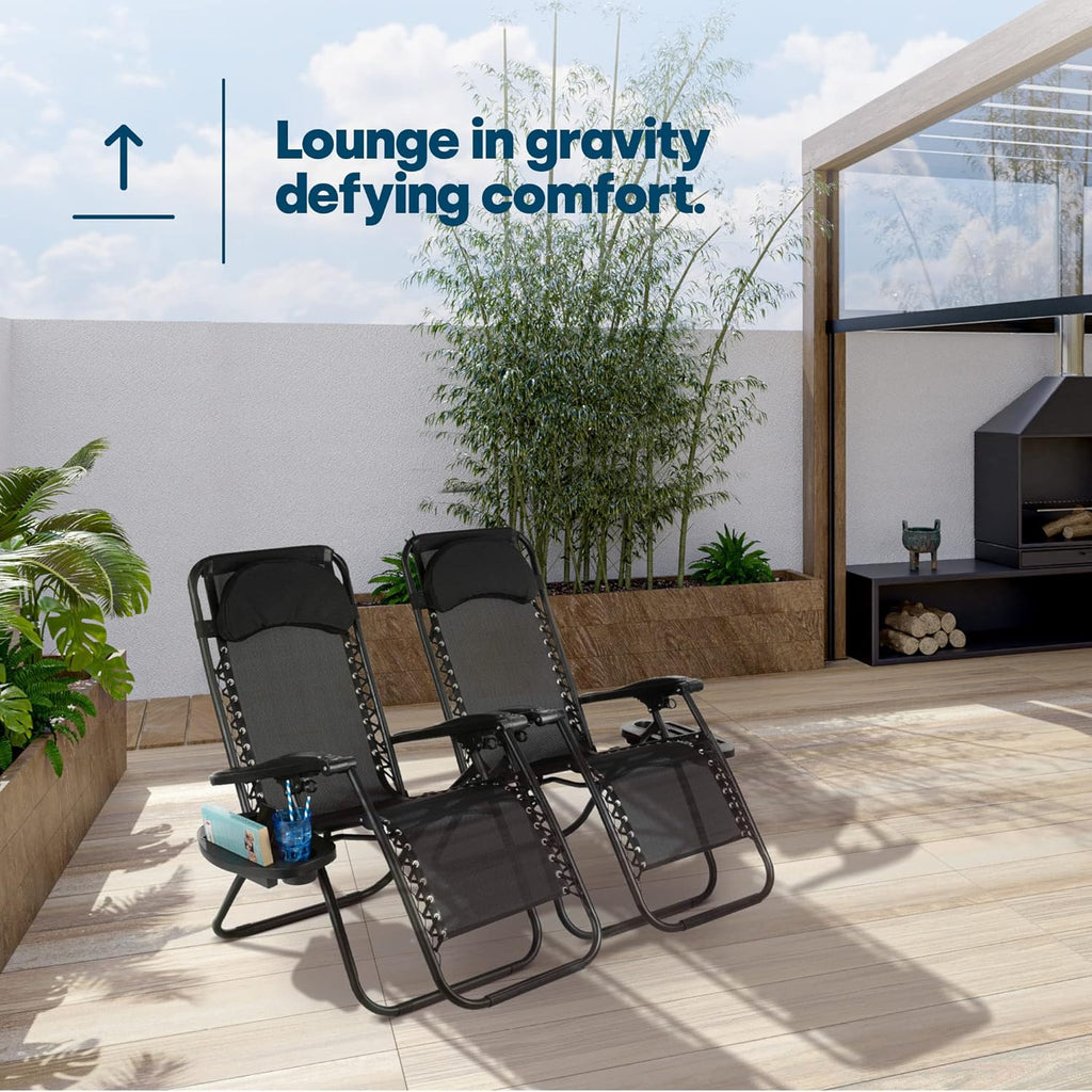 Set of 2 Sun Lounger Garden Chairs - Lightweight Zero Gravity Recliner Chairs with Clip-On Side Tray &amp; Adjustable Headrest - Foldable Sunloungers - Outdoor Chair Sunbed (Black)