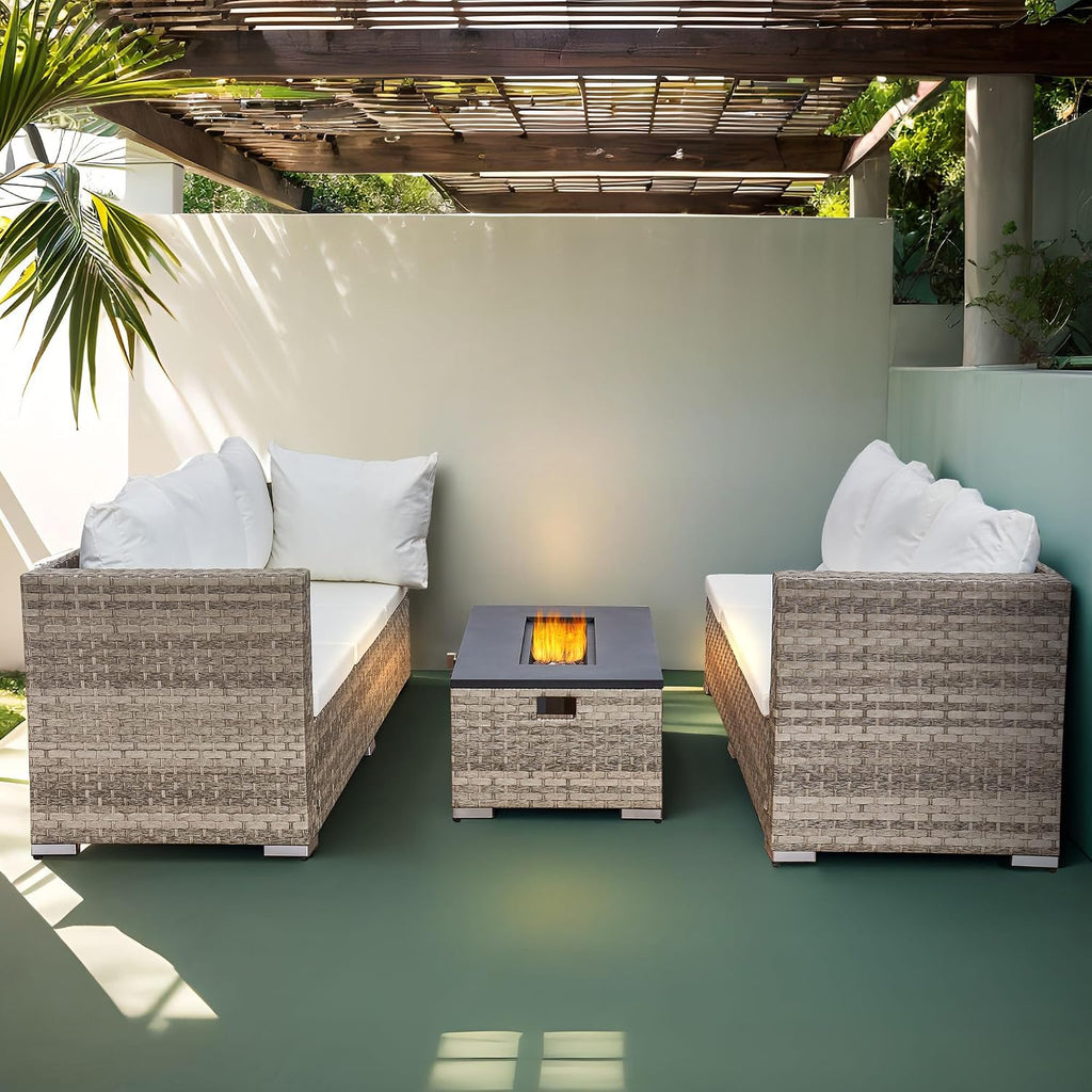 6-Seater Rattan Garden Furniture,Outdoor Sectional Sofa Set with Fire Pit Table,Grey Wicker with White Cushions