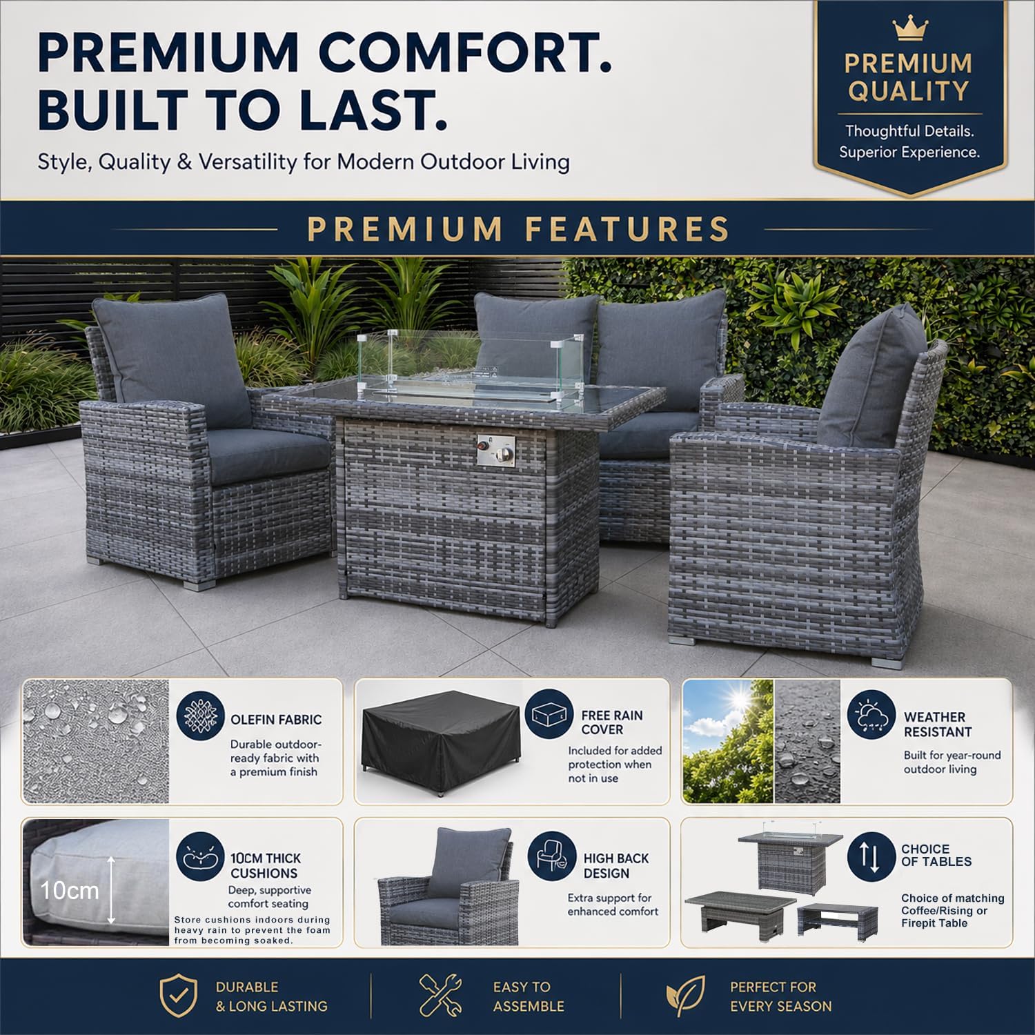 4 Seater Rattan Garden Furniture Set with Fire Pit Table - Outdoor Patio furniture - Conservatory Sofa sets - RAIN COVER INCLUDED (Dark Grey
