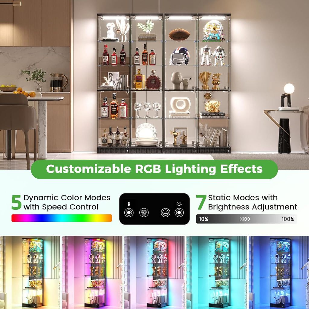 67″ RGB Glass Display Cabinet with Human Sensor,Modern Storage Bookcase Cabinet with Dynamic lighting,5 Tier Curio Cabinet with Lockable Glass Door for Study,Living Room,Bedroom,Black