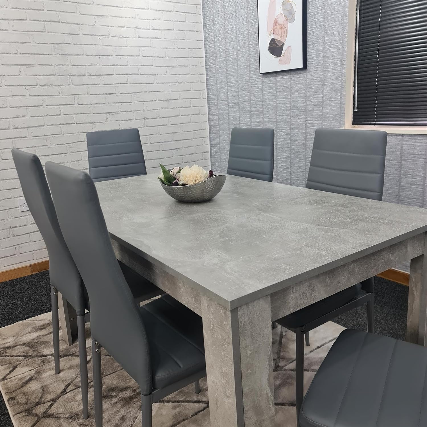 Dining Table and Chairs Set - Light Grey Kitchen Table with 6 Grey Faux Leather Dining Chairs - Modern 6 Seater Kitchen Room Furniture Set with Sturdy Legs - 117 x 77 x 75 cm