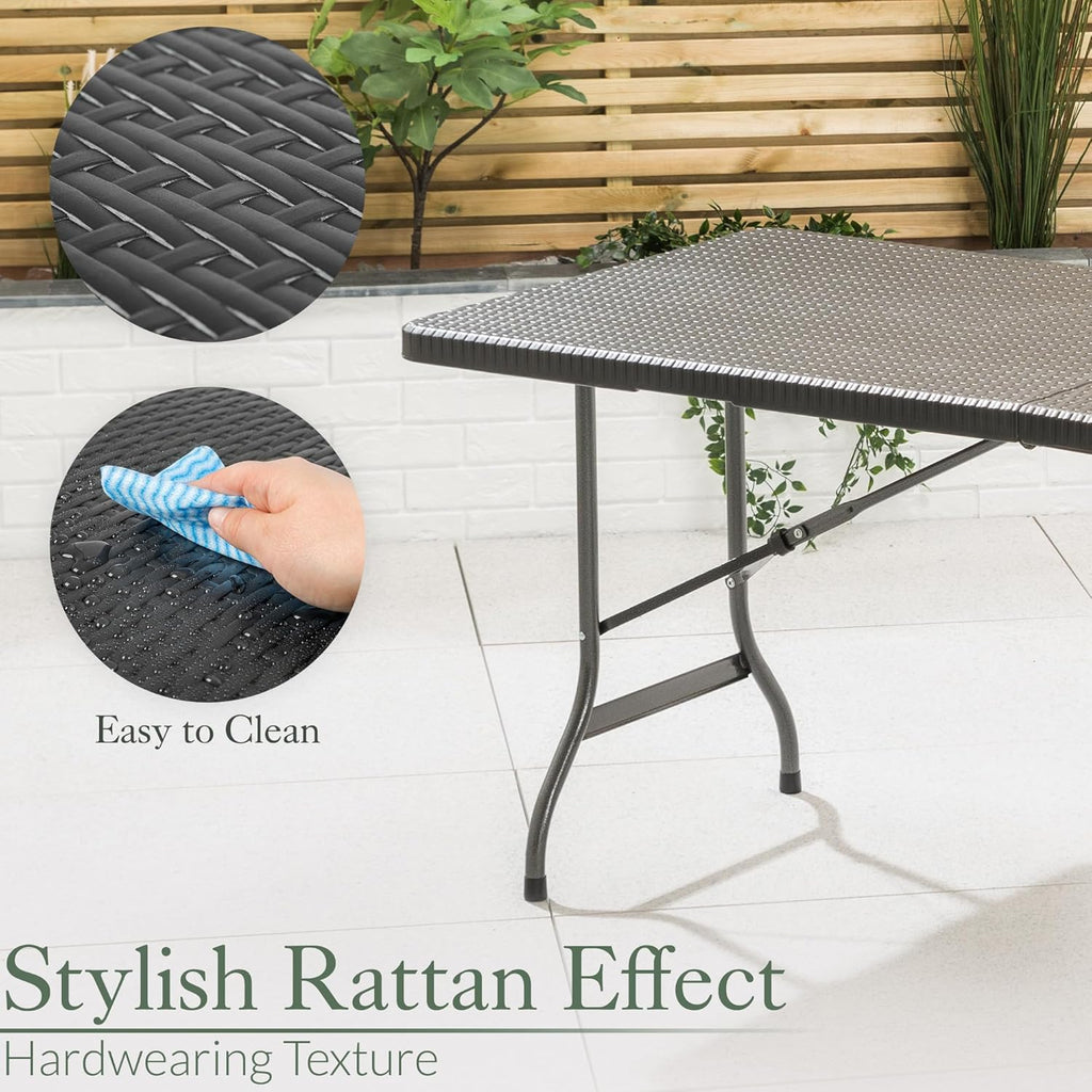 Garden Table and Chairs Set 6 Seater Rattan Effect Folding Patio Furniture (6ft)