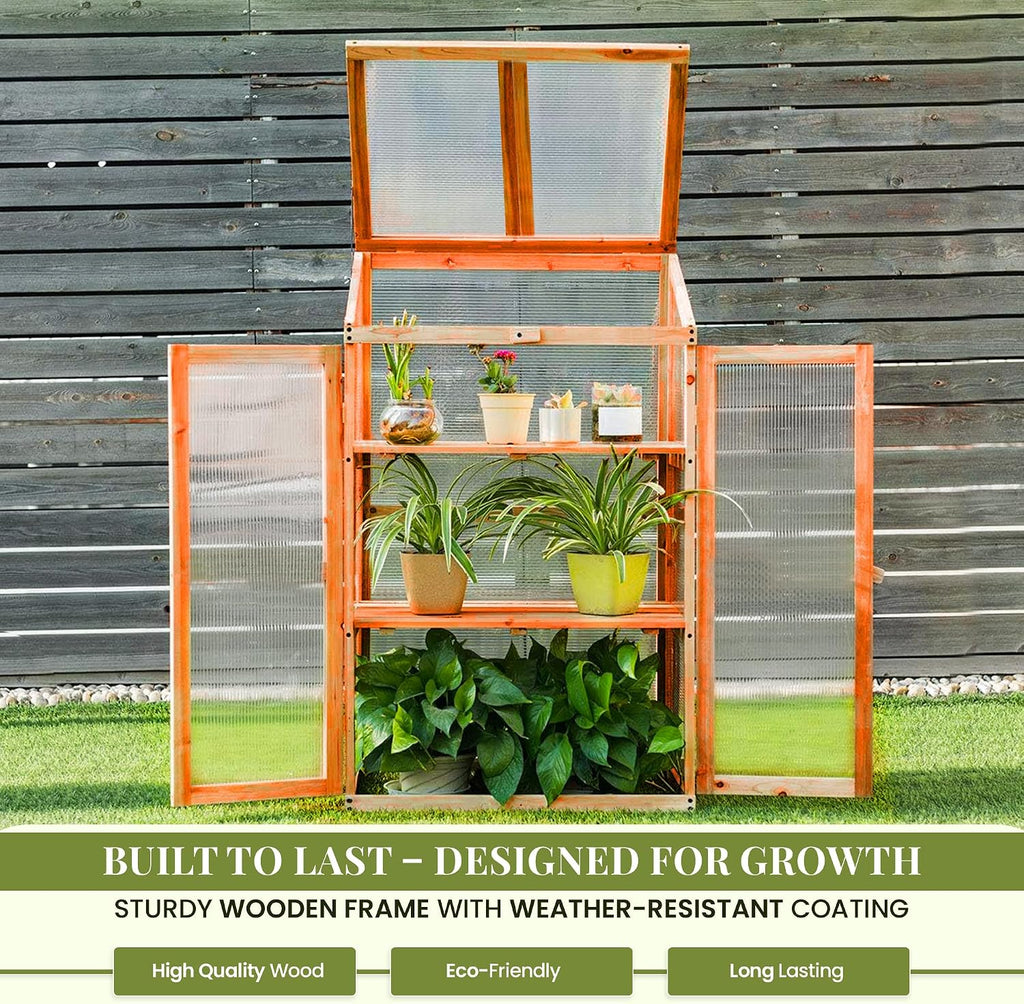 Wooden Greenhouse for Garden with Transparent Polycarbonate Panels Outdoor Green House - Wooden Cold Frame with Removeable Shelves Grow House for Plants and Herbs H120 x W69 x D49 cm