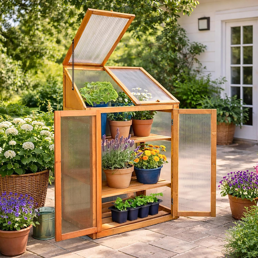 Garden Mile Large 3 Tier Wooden Garden Greenhouse - 120cm Heavy Duty Transparent Polycarbonate Greenhouse - Cold Frames For Garden with 3 Storage Shelves