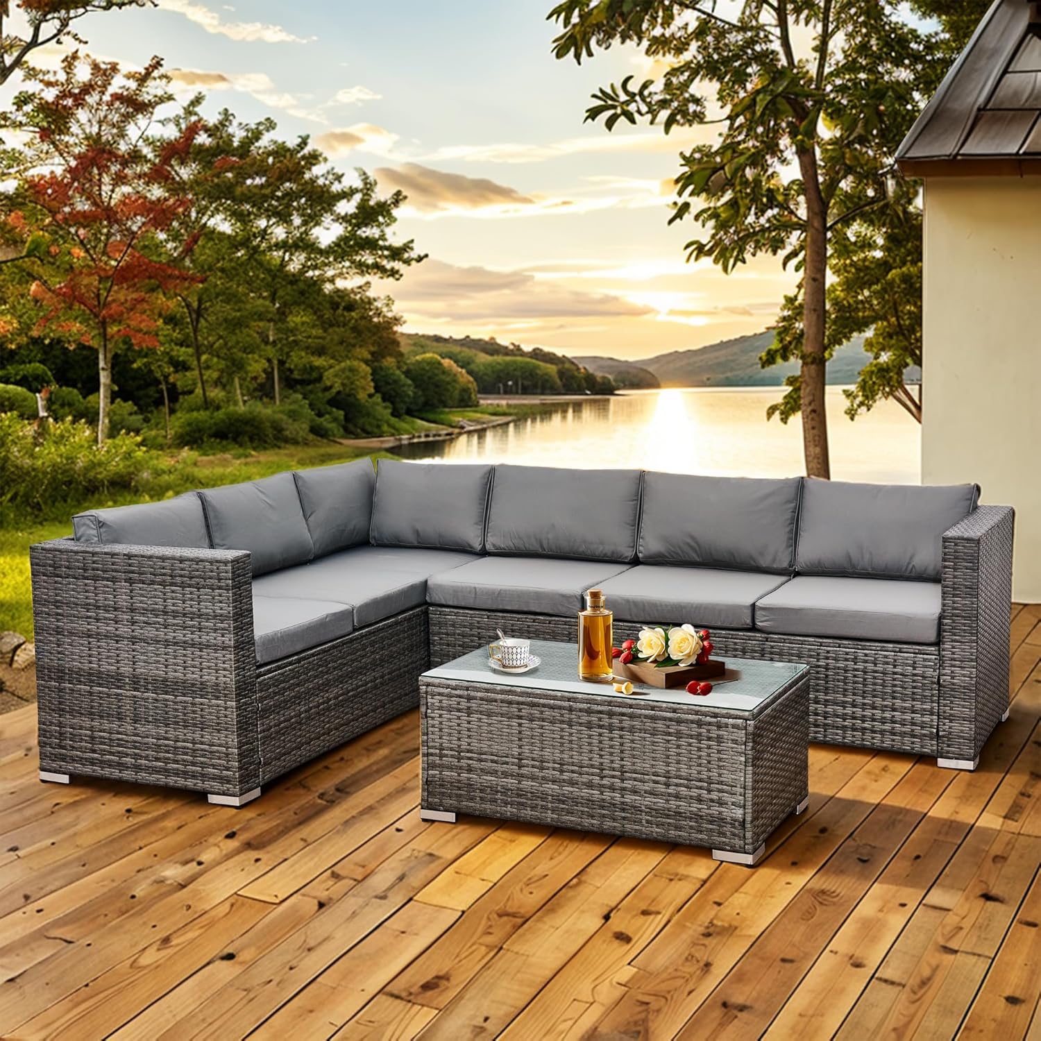 6 Seater Rattan Corner Sofa Set Rattan Garden Furniture Set All-Weather PE Rattan Wicker Patio Conversation Set with Modern Glass Coffee Table and Washable Cushions (Gray)