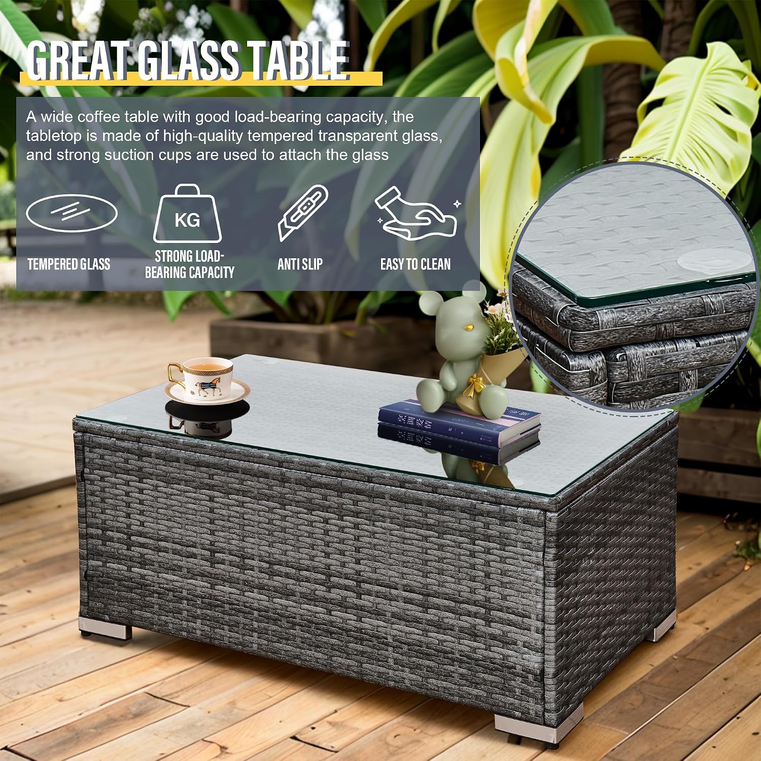 6 Seater Rattan Corner Sofa Set Rattan Garden Furniture Set All-Weather PE Rattan Wicker Patio Conversation Set with Modern Glass Coffee Table and Washable Cushions (Gray)