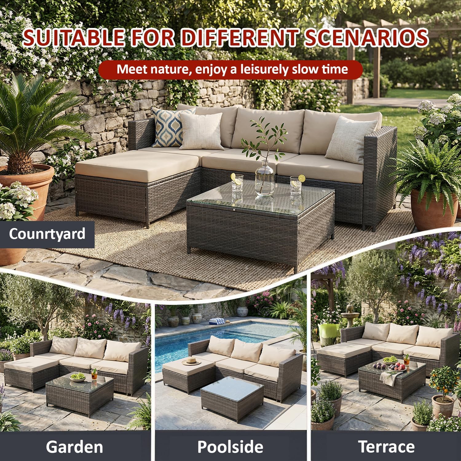 Garden Furniture Rattan Corner Sofa Set with Glass Coffee Table Ottoman for Patio Outdoor Lounge All-weather SFS066 (Mix Dark Natrual Brown+Brown Cushion)