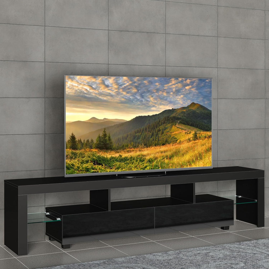 Modern White 200CM TV Unit Stand for 65 to 85 inch TV With RGB LED Lights High Gloss Door TV Stand Living Room Furniture TV Cabinet (Black)