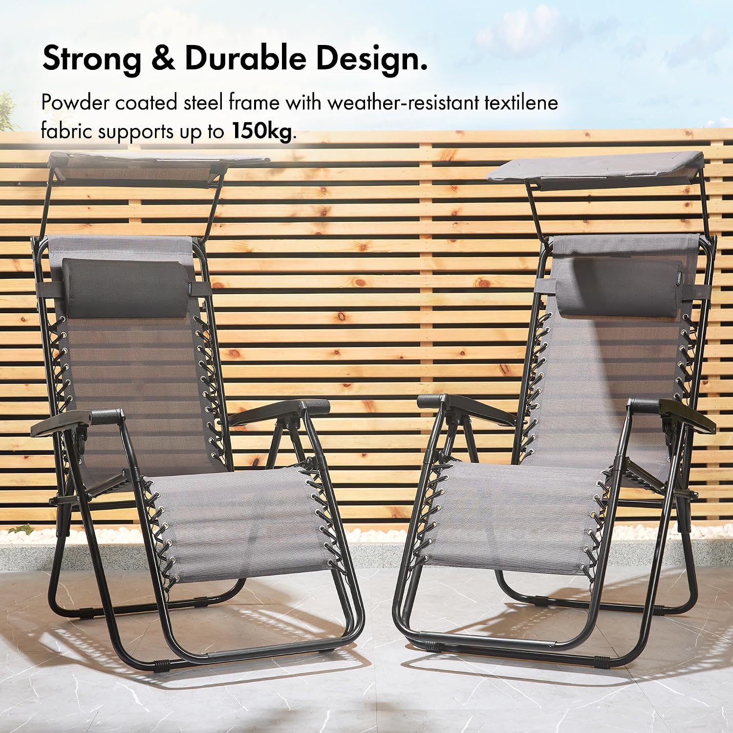 Chairs with Canopy Set of 2 - Grey Reclining Sun Loungers for Garden - Textilene Folding Sunloungers with Adjustable Sun Shade - 2 Set Deck Chairs for Outdoor