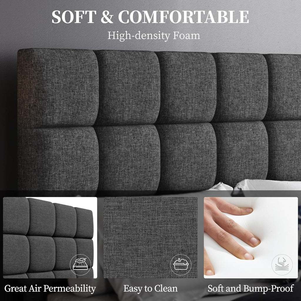 4ft6 Double Bed Frame Upholstered Platform Bed with Adjustable Square Tufted Headboard/Linen Fabric/Sturdy Wooden Slat Support/No Box Spring Needed