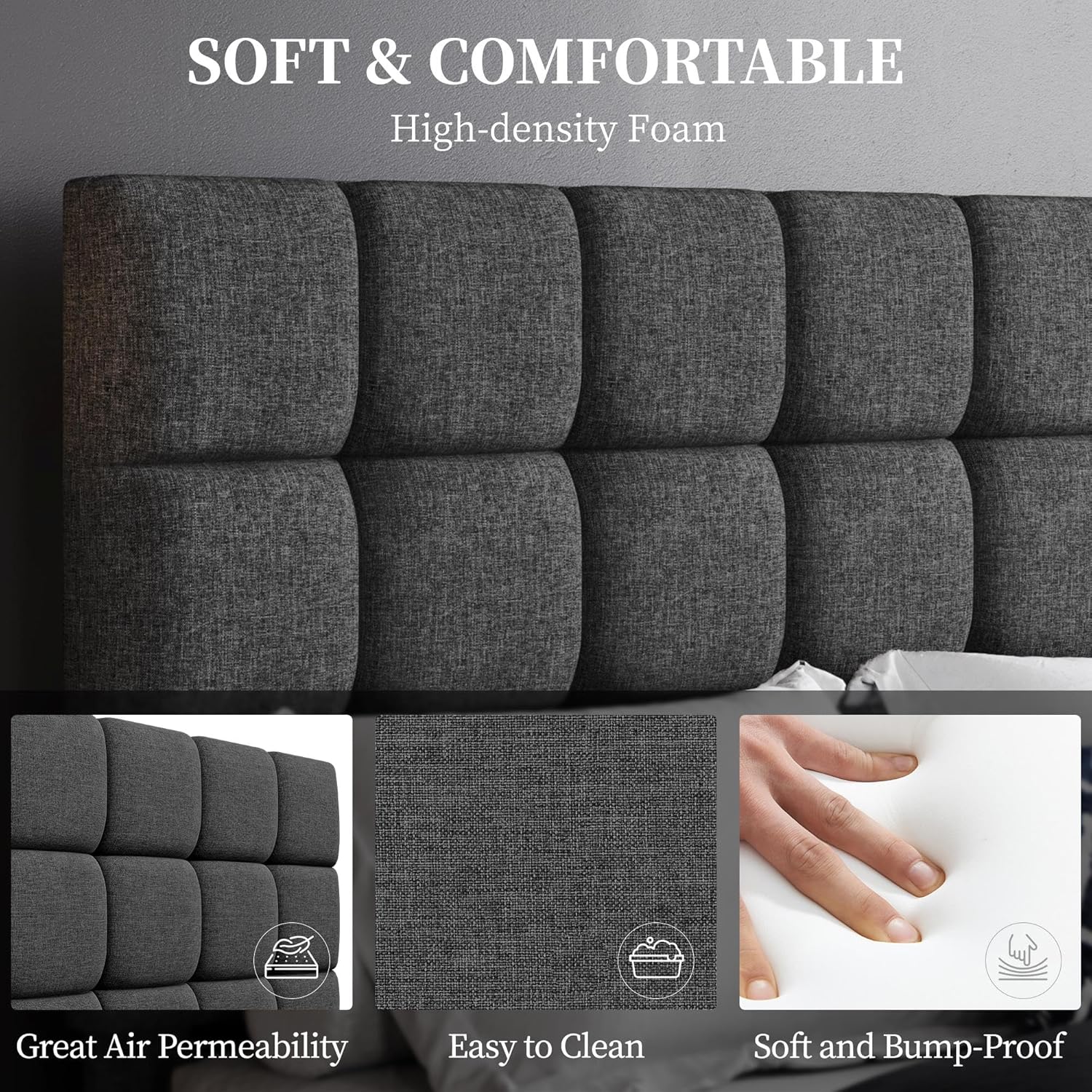 4ft6 Double Bed Frame Upholstered Platform Bed with Adjustable Square Tufted Headboard/Linen Fabric/Sturdy Wooden Slat Support/No Box Spring Needed