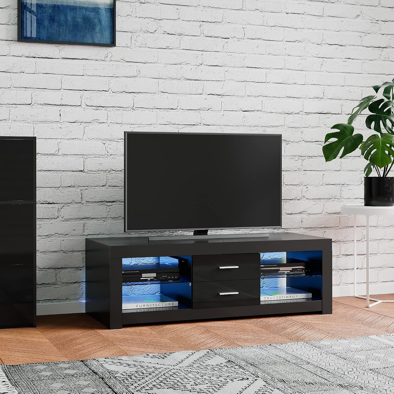 TV Stand Cabinet 2 Drawer 2 Glass Shelves LED Lighted TV Console Unit for 22"-55" Flat Screen 4k TVs (black)