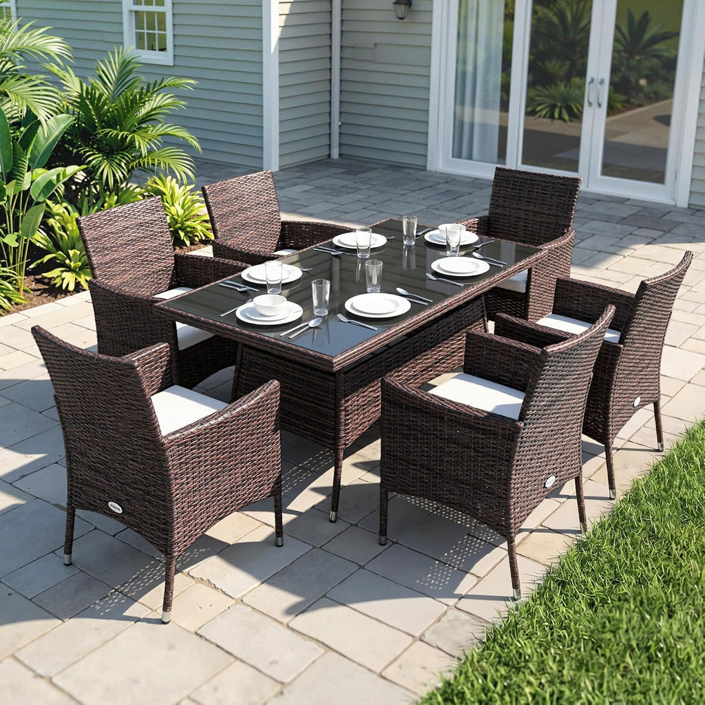 Rattan Garden Furniture Dining Set 6-seater Patio Rectangular Table Cube Chairs Outdoor Fire Retardant Sponge Brown