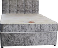 4FT6 Double Silver Crushed Velvet Divan Bed Set Including Luxurious Memory Foam Mattress And Dimante Headboard