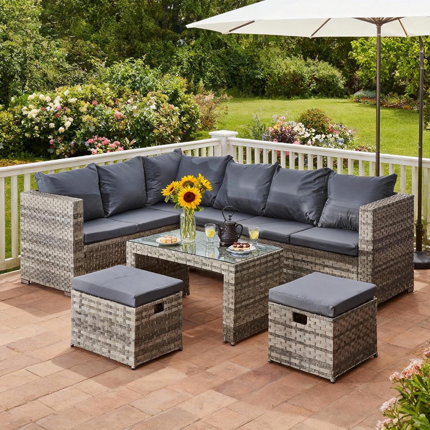 8-Seater L-Shaped Rattan Corner Sofa Set - All-Weather Wicker Outdoor Patio Garden Furniture with 2 Storage Ottomans