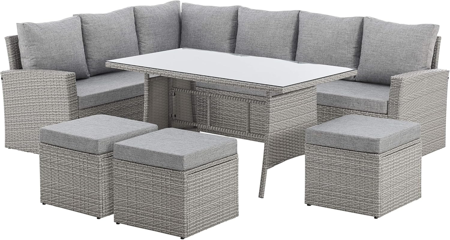 9 Seat Marilyn Corner Sofa &amp; Dining Rattan Garden Furniture Set for Indoor Outdoor Patios Gardens Conservatories (Mountain Grey)