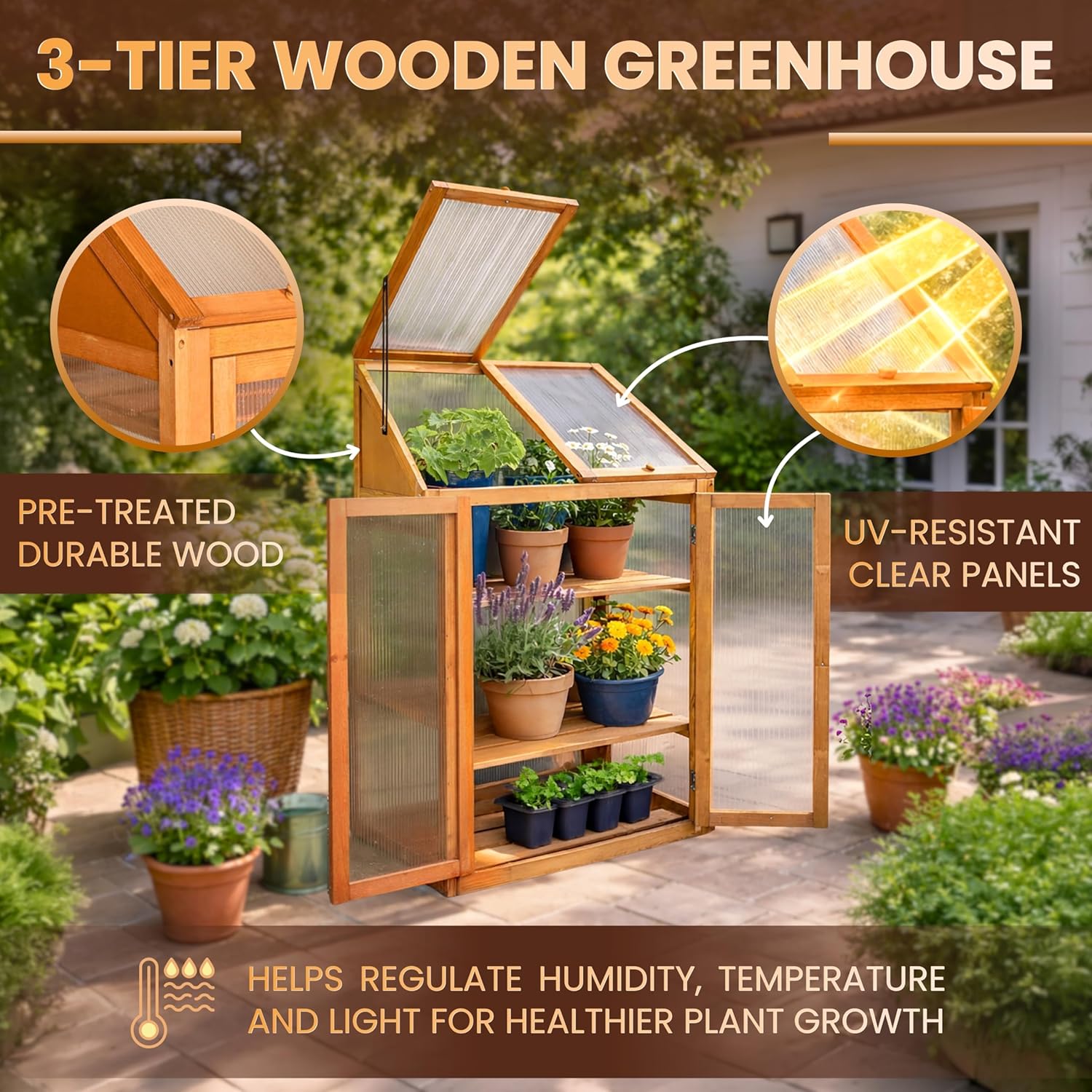 Garden Mile Large 3 Tier Wooden Garden Greenhouse - 120cm Heavy Duty Transparent Polycarbonate Greenhouse - Cold Frames For Garden with 3 Storage Shelves