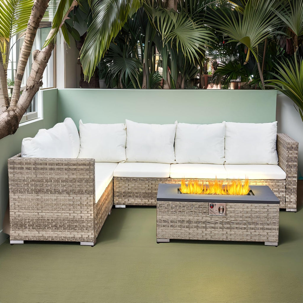 6-Seater Rattan Garden Furniture,Outdoor Sectional Sofa Set with Fire Pit Table,Grey Wicker with White Cushions