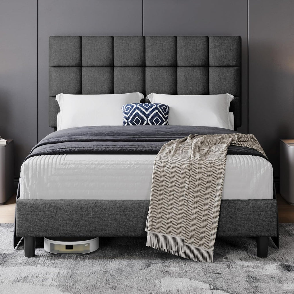 4ft6 Double Bed Frame Upholstered Platform Bed with Adjustable Square Tufted Headboard/Linen Fabric/Sturdy Wooden Slat Support/No Box Spring Needed