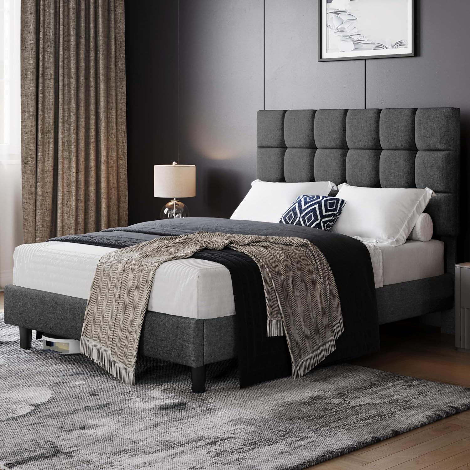 4ft6 Double Bed Frame Upholstered Platform Bed with Adjustable Square Tufted Headboard/Linen Fabric/Sturdy Wooden Slat Support/No Box Spring Needed